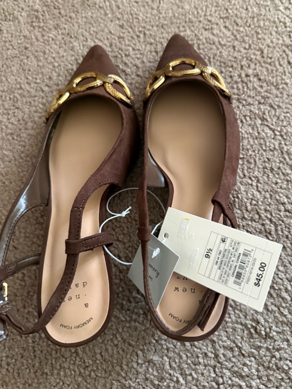 a new day Brown Suede Slingback Pointed Toe Heel with Gold Double-Ring - Picture 2 of 5